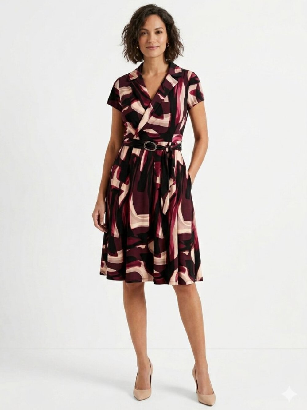 Shelby & Palmer Burgundy, Pink, Black Abstract Wrap Dress With Gold Belt